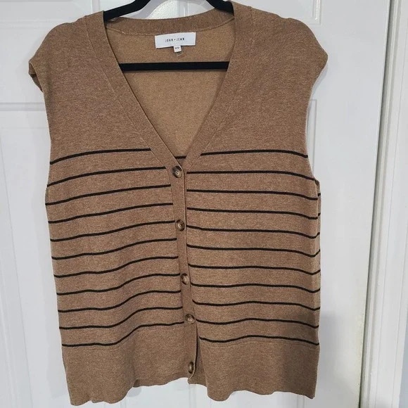 John + Jenn Womens Medium Tan Black Striped V-Neck Button Front Cardigan Sweater - Picture 1 of 11